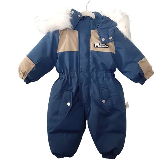 MurmurBear Baby Bunting Thermal Snowsuit Diaper Zip Blue Faux Fur Toddler 2T - Picture 1 of 15
